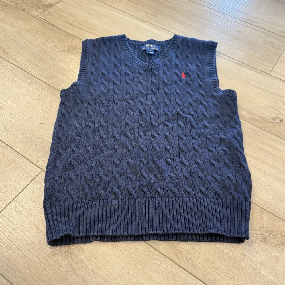 Polo Ralph Lauren Boys Cableknit Fisherman Sweater Vest Navy Blue Size L 14-16